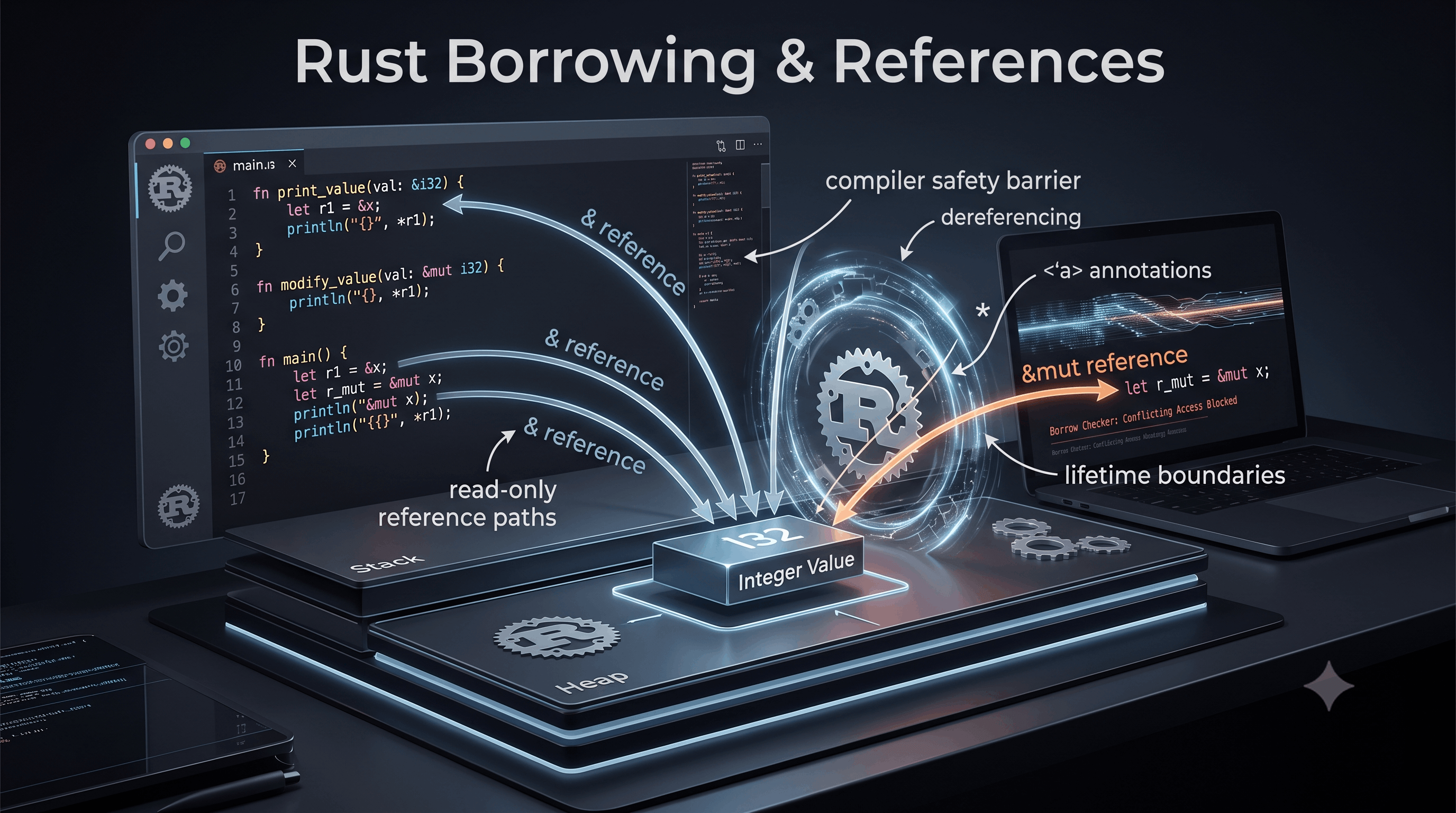 Rust Borrowing & References: &, &mut, Dereferencing and the Borrow Checker